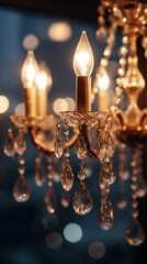 Crystal chandelier with candle bulbs and hanging prisms