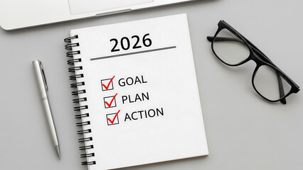 Fototapeta premium 2026 goals plan and action checklist on a notebook with glasses