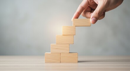 Building Blocks for Success A Hand Places the Final Wooden Cube on a Rising Staircase