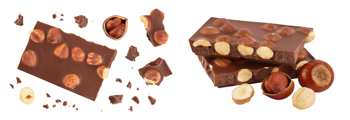 Chocolate with hazelnuts isolated on white background with full depth of field. Top view. Flat lay