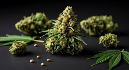 Close-up of a vibrant cannabis bud, leaves, and seeds on a dark background, highlighting detailed trichomes and natural textures.