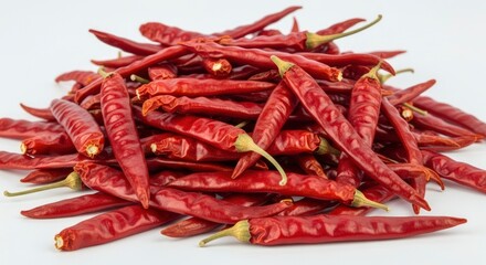 A vibrant pile of dried red chili peppers, perfect for adding spice to any dish. Isolated on a white background.
