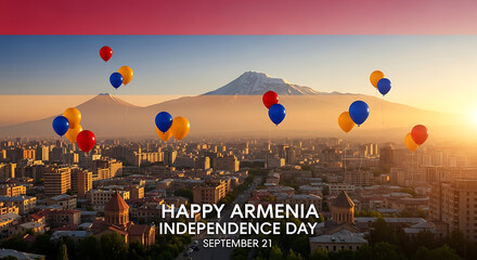 Celebrate armenia independence day with balloons over city landscape at sunrise
