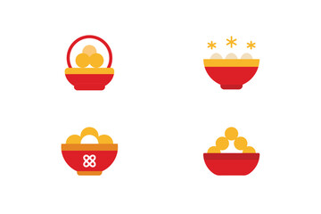 Four red bowls filled with yellow balls decorative elements chinese festival