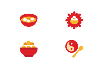 Four red bowls with food symbols yellow soup
