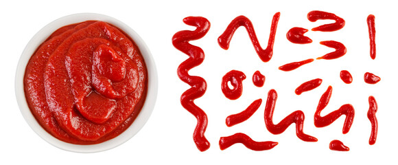 Red tomato sauce or ketchup in ceramic bowl isolated on white background . Top view. Flat lay