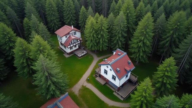 Aerial shot of summer houses in the woods, Russia