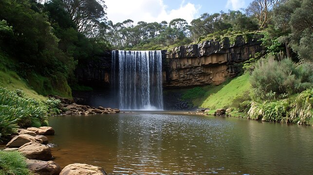 A majestic waterfall cascades into a serene pool, surrounded by lush greenery, trees, and rocky cliffs on a sunny day in the wilderness