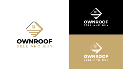 Real Estate Logo for Property Buy and Sell Business. House, Home Logo Icon with Geometric Window, and Land Symbol.