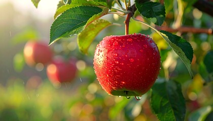 Red apples hanging from a tree branch