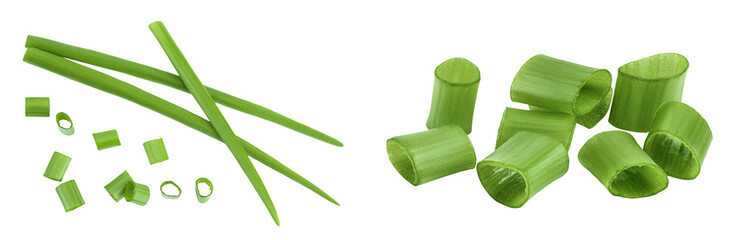Green onion isolated on the white background. Top view. Flat lay.