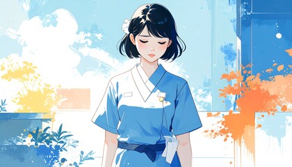 Sad nurse in a pastel-toned scene