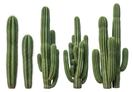 Vibrant green columnar cacti of varying heights and widths, ribbed stems, fine spines, isolated on a transparent studio background with ample copy space. Botanical design elements