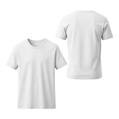 Two identical transparent short-sleeved cotton t-shirts, front and back views, isolated on a transparent background with copy space, high-key studio shot. Product mockup concept
