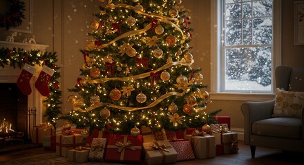 Obraz premium Christmas tree adorned with ornaments ribbon lights amidst gifts by fireplace window in cozy room