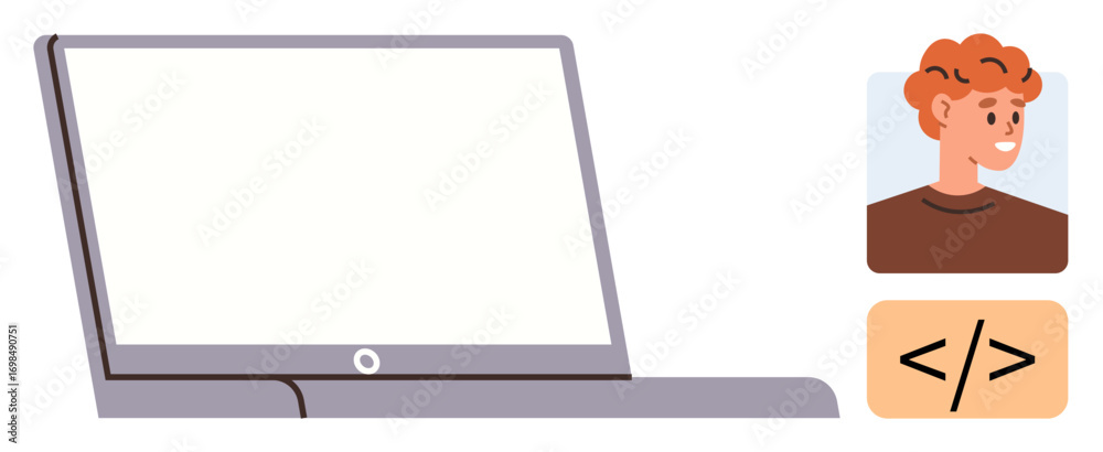 Wall mural open laptop, user avatar, and code icon emphasizing programming, coding, technology, online learning