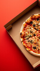 Half a cheese-and-olive pizza in an open cardboard delivery box on a bold red background.