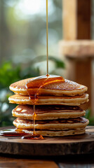 A tall stack of fluffy pancakes on a rustic wooden board, drizzled with golden maple syrup in warm morning light.
