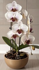 Light pink orchids in a tan pot