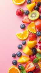 Vibrant mix of sliced citrus, berries, kiwi, and mango scattered on a pink background, creating a fresh, summery flat lay.