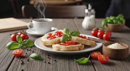 Delicious bruschetta with fresh tomatoes, basil, and grated cheese, served with a steaming cup of coffee on a rustic wooden table.