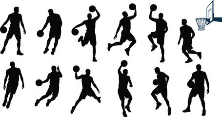 Silhouettes of basketball players dribbling, shooting, dunking, passing, jumping near hoop, basketball game, athletic, sport, teamwork, action, fitness