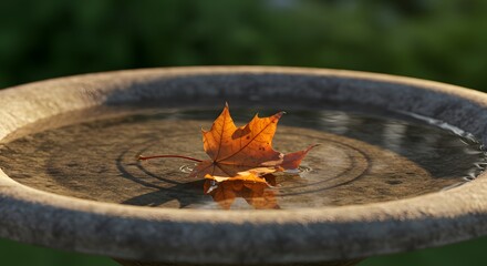 Autumn leaf floating in stone birdbath with ripple effect and soft lighting