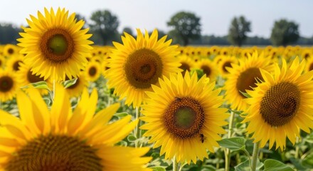 Fototapeta premium Vibrant yellow sunflowers bloom in a vast field under a bright sky, with busy bees collecting pollen, symbolizing summer and natural beauty.