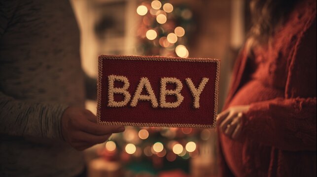 A joyful announcement of upcoming parenthood during the festive season, featuring a decorative sign saying "BABY" held in front of a beautifully lit Christmas tree.