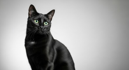 A striking black cat with piercing green eyes gazes intently, captured in a clean studio portrait against a simple grey background.