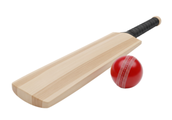 Wooden Cricket Bat and Red Ball on Black Background sport equipment isolated on a transparent background