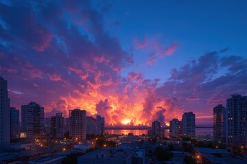 Fototapeta premium Breathtaking Sunset Over Urban Skyline with Colorful Clouds Display