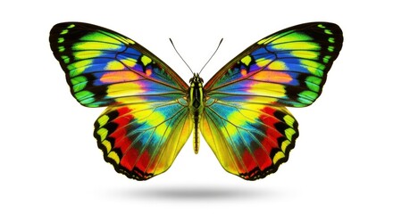Obraz premium Vibrant, multi-colored butterfly with wings spread, showcasing intricate patterns and brilliant hues, isolated on a clean white background.