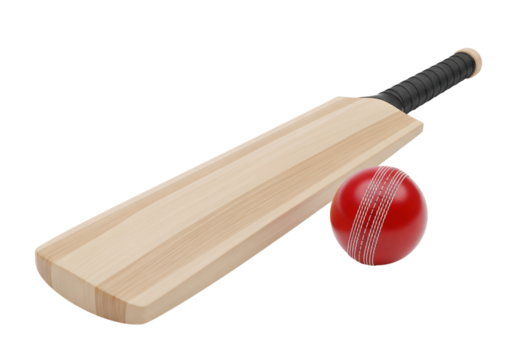 Wooden Cricket Bat and Red Ball on Black Background sport equipment isolated on a transparent background