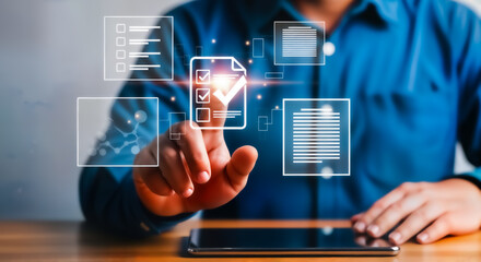 Man in a blue shirt interacting with a digital interface on a tablet, featuring checklist icons and document symbols for task management