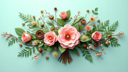 Floral arrangement with gears and leaves on a light blue background in a decorative display