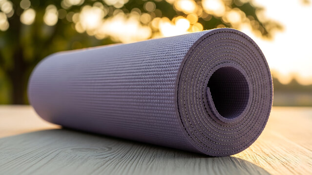 Rolled up purple yoga mat on a wooden surface outdoors