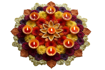 Symmetrical arrangement of earthen lamps and flowers creates a festive indian rangoli design transparent background