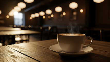 Steaming cup of coffee on a wooden table in a cozy cafe