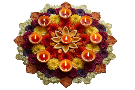 Symmetrical arrangement of earthen lamps and flowers creates a festive indian rangoli design transparent background