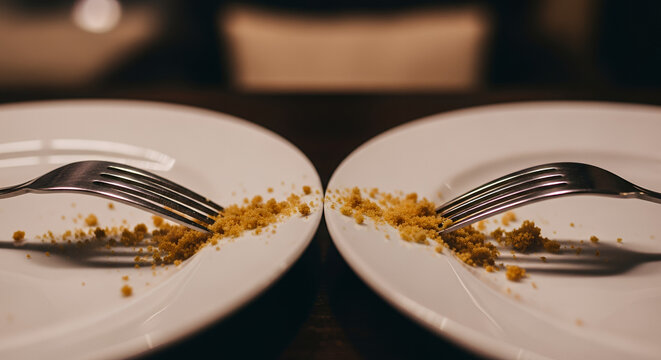 Two forks resting on empty plates with crumbs, symbolizing a shared dessert experience