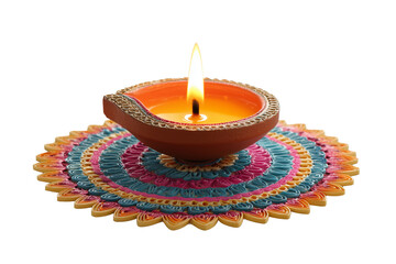 Single festive diya with bright flame on vibrant rangoli decoration transparent background