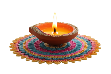 Single festive diya with bright flame on vibrant rangoli decoration transparent background