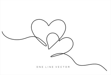 Fototapeta premium Continuous line art drawing. Couple of hearts symbolize love. Abstract hearts woman and man. Hand drawn one line vector. Editable stroke