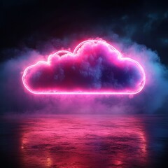 Vibrant Neon Cloud Illuminates Dark Stormy Sky with a Reflective Surface Below, Creating a Dreamlike Atmosphere in a Surreal Landscape Scene