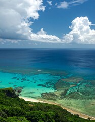 Fototapeta premium Tropical beach, turquoise water, coral reef, lush green hills. Vast ocean meets the shore