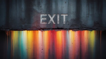 "EXIT" is written on a concrete wall. Below the word, colorful light shines in vertical lines, like a painting.