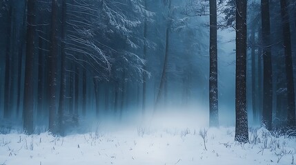 A dark and mysterious winter forest covered in snow, with tall trees and a dense atmosphere creating an eerie and captivating woodland scene
