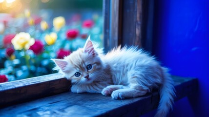A light-furred kitten rests on a dark windowsill. Outside the window are colorful flowers in soft focus, indicating its use as an illustration file on Adobe Stock.