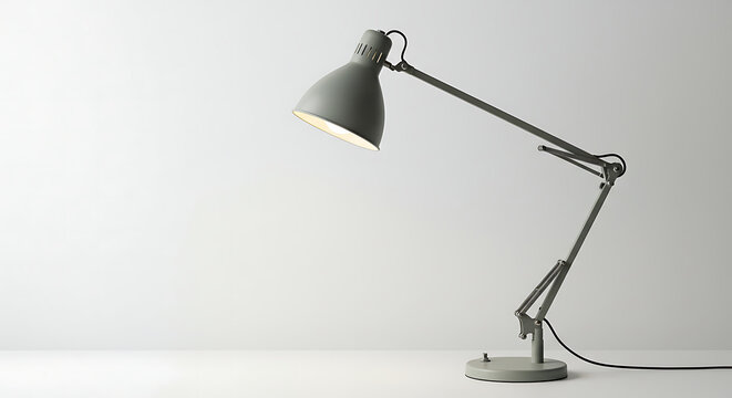 Illuminating Ideas: A Gray Adjustable Desk Lamp Casting a Warm Glow on a White Tabletop Against a Clean Background for
